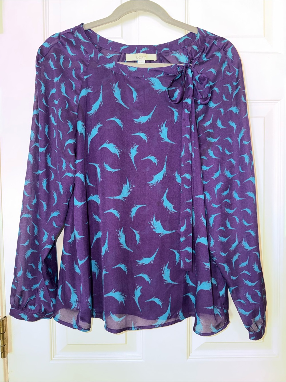 LOFT Silky Purple Blouse with Teal Feather Print and Tie-Neck
